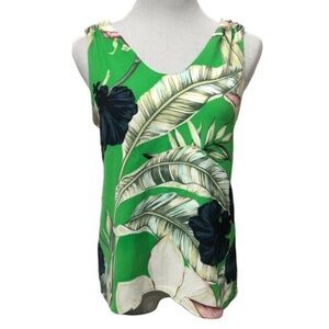 Ann Taylor scoop neck back detail tropical print sleeveless blouse